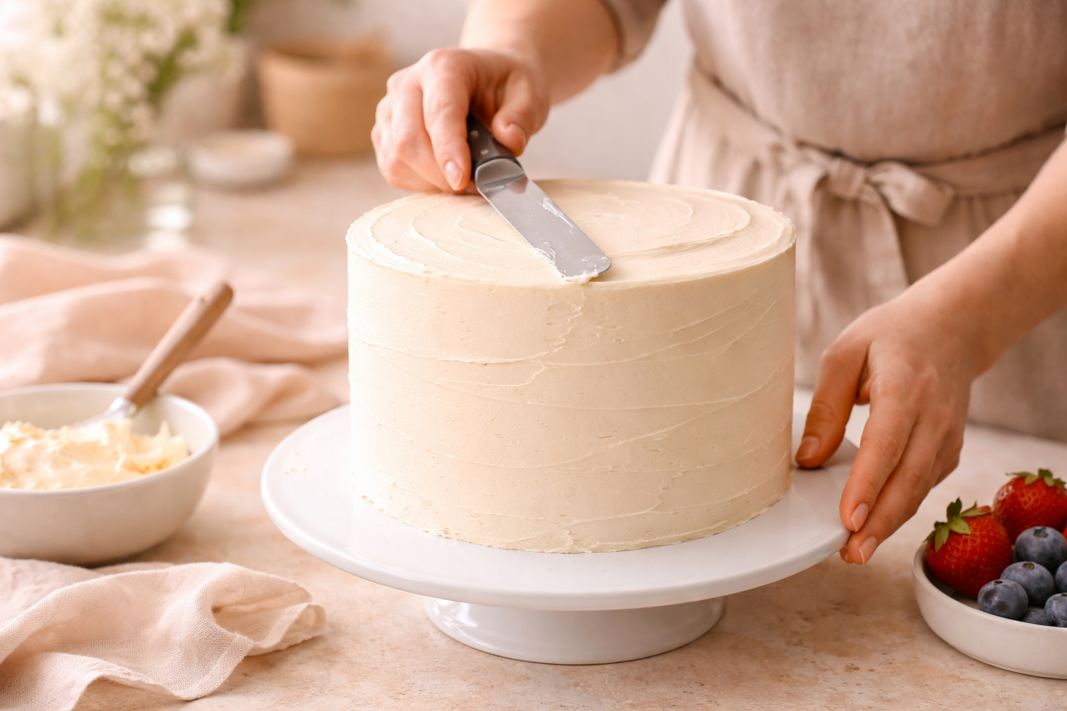 Процесс создания торта на заказ — выравнивание крема, ручная работа кондитер Раменское