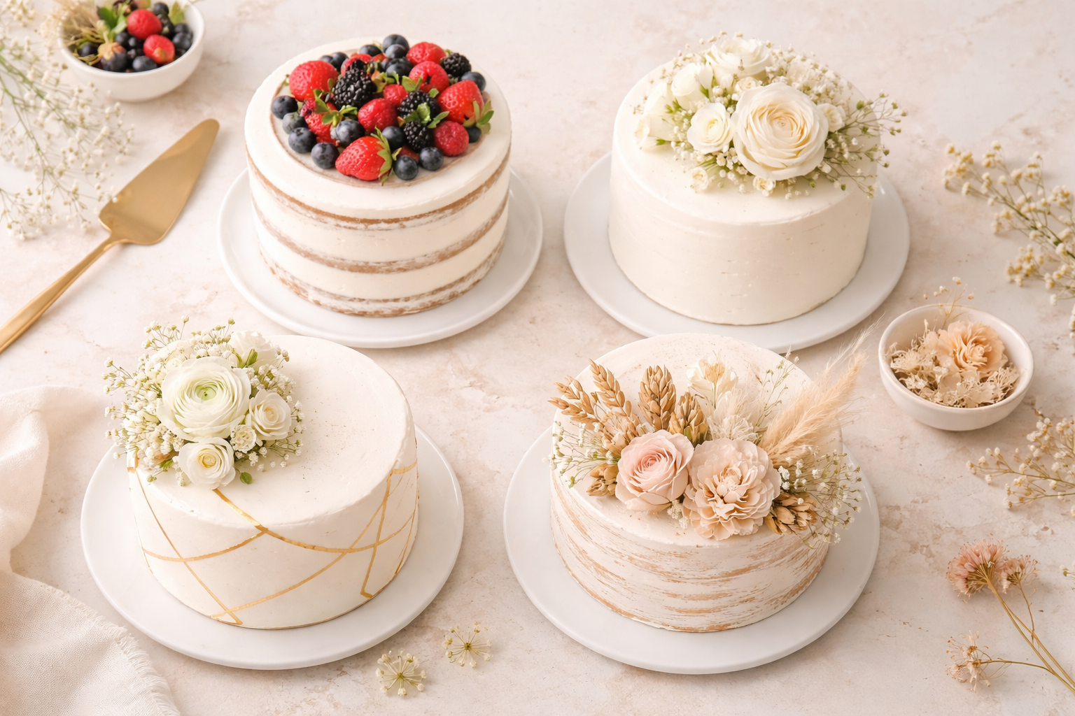 Стили свадебных тортов — naked cake, кремовые розы, геометрия, живые цветы, Раменское