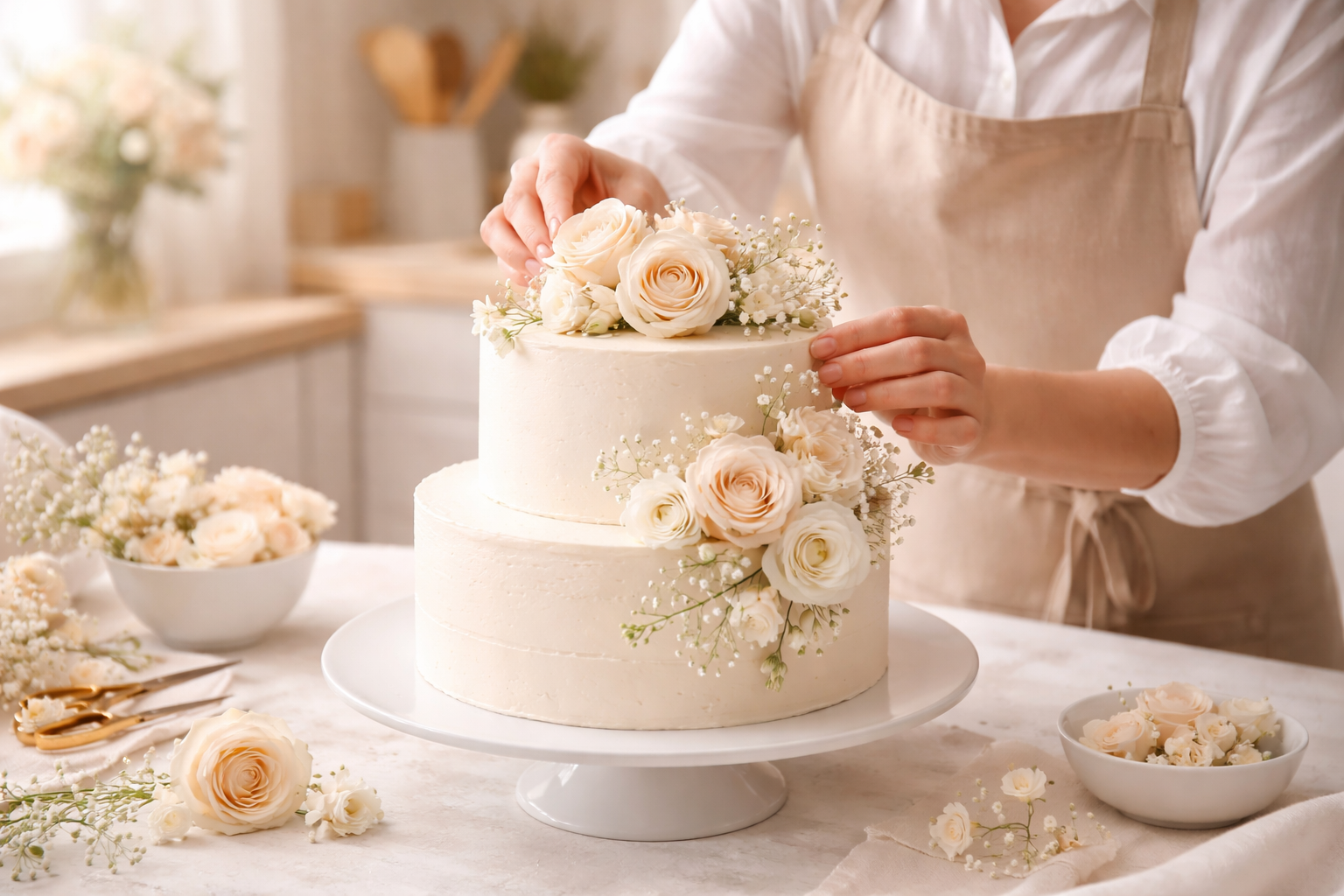Процесс создания свадебного торта — сборка ярусов, кремовые цветы, ручная работа кондитер Раменское