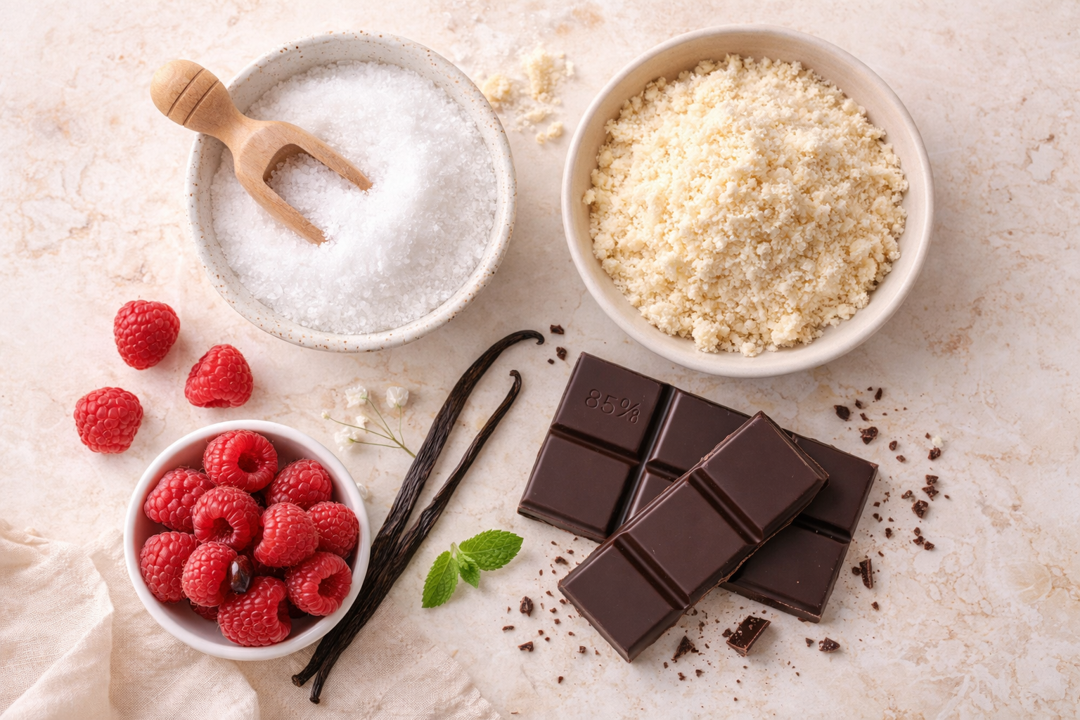 Ингредиенты для ПП-торта без сахара — эритрит, миндальная мука, тёмный шоколад, ягоды